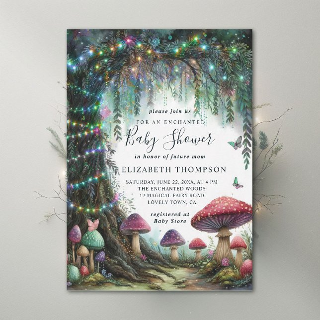 Invitación Enchanted Forest Whimsical Mushrooms Baby Shower (enchanted forest baby shower invitation woodland mushrooms rainbow twinkle magic fairy)