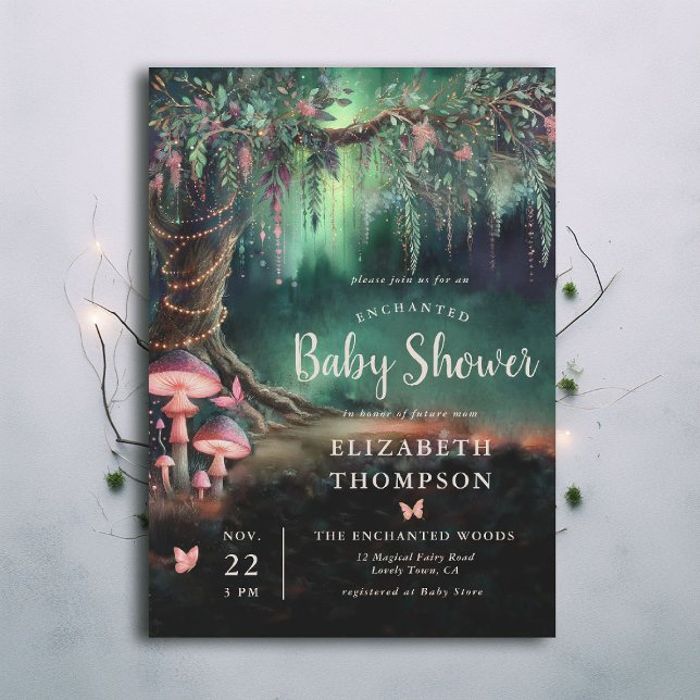 Invitación Enchanted Forest Woodland Mushrooms Baby Shower (enchanted forest baby shower theme invitation mushrooms butterflies emerald green pink woodland)