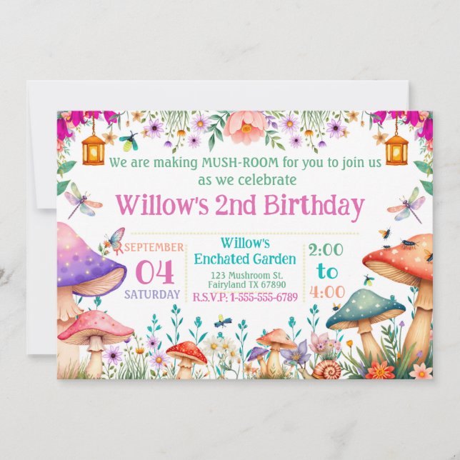 Invitación Enchanted Garden Mushroom Birthday Party Invite (Anverso)