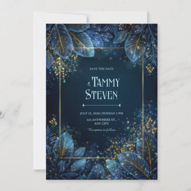 Invitación Enchanted Midnight Gold Leaf Forest Wedding (Anverso)
