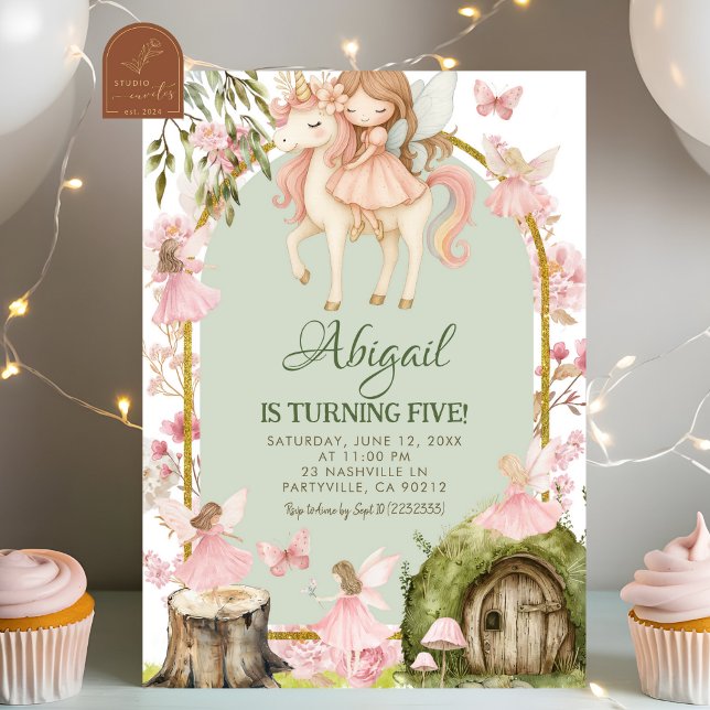 Invitación Enchanted Pink Fairy and Unicorns Forest Birthday (Subido por el creador)