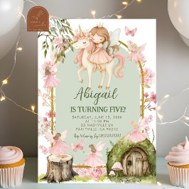 Invitación Enchanted Pink Fairy and Unicorns Forest Birthday