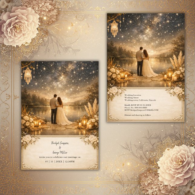 Invitación Enchanted Starry Night Lake blue & gold Wedding (Subido por el creador)