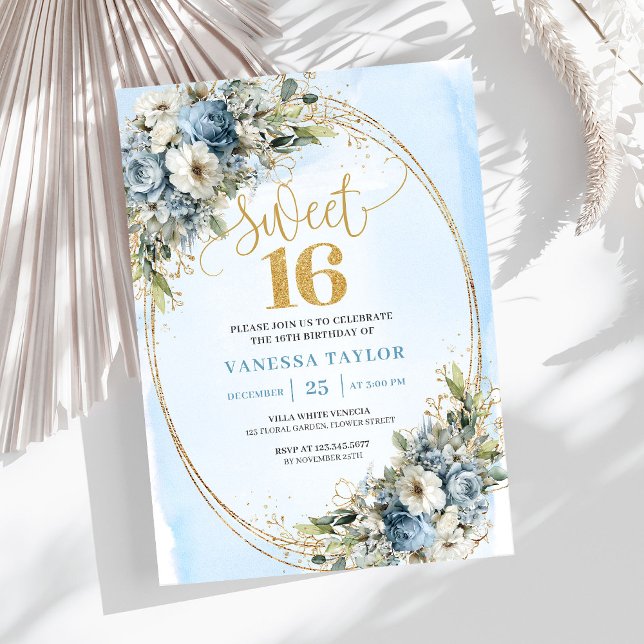 Invitación Enchanting Dusty Blue Floral Sweet Sixteen Invites (Enchanting Dusty Blue Floral Sweet Sixteen Invitation)