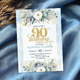 Invitación Enchanting light blue gold look 90th birthday