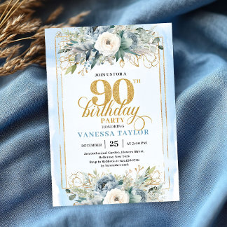 Invitación Enchanting light blue gold look 90th birthday 
