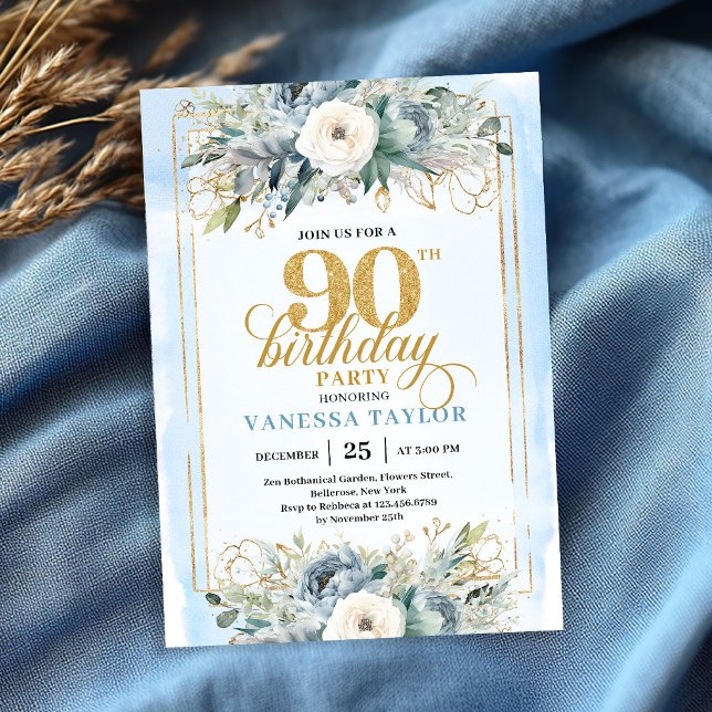 Invitación Enchanting light blue gold look 90th birthday  (Enchanting light blue gold look 90th birthday invitation)