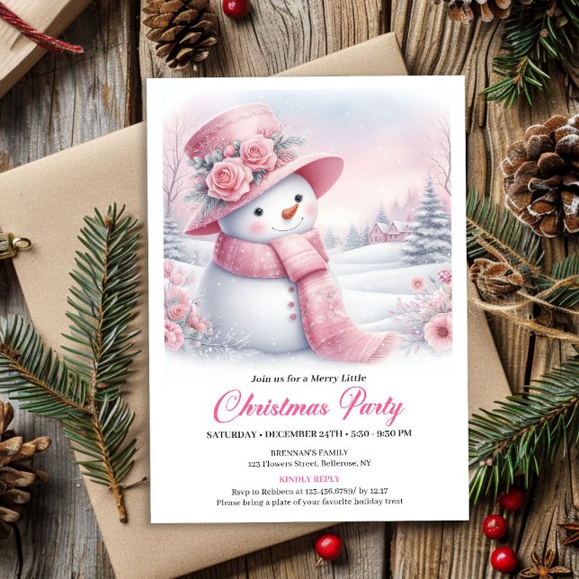 Invitación Enchanting Pink Snowman Editable Christmas Invite  (Enchanting Pink Snowman Editable Christmas Invite Download)