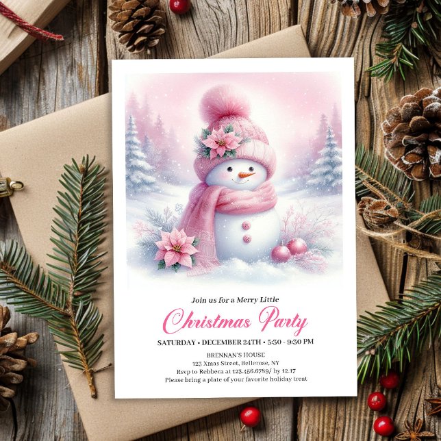 Invitación Enchanting Pink Snowman Kids Christmas Invitation (Enchanting Pink Snowman Kids Christmas Invite Digital File)
