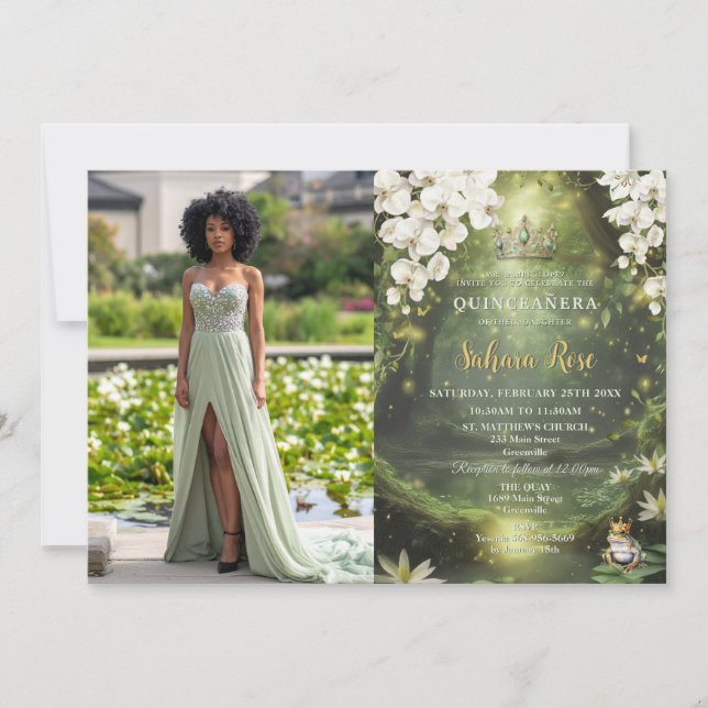 Invitación Enchanting Princess & Frog Green Quinceañera Photo (Anverso)
