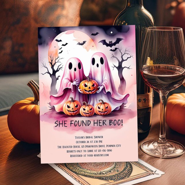Invitación Encontró A Su Boo Fantasma Rosa Ducha De Novias (She Found Her Boo! Cute pink ghosts for Halloween or Pinkoween Bridal Shower themes by Darling & May)