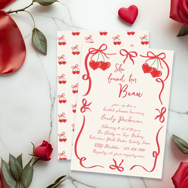 Invitación Encontró su Beau Bows and Cherries Bridal Shower (Bridal Shower invitation from the Valentines Bridal Shower Invitation collection by Darling & May)