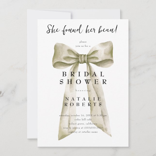 Invitación Encontró Su Ducha Bridal Beau Beige Bow (Anverso)
