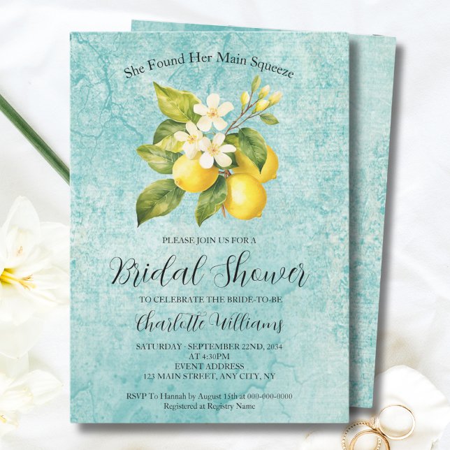 Invitación Encontró Su Principal Ducha De Brigada Con Limón. (Found Her Main Squeeze Lemon Themed Bridal Shower Invitation
)