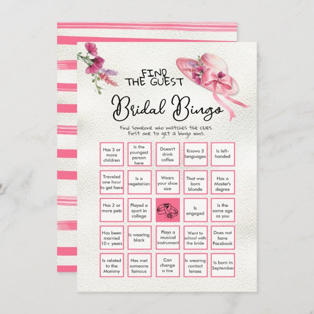 Invitación Encuentra el juego de novias de Gorra rosado BINGO (Anverso / Reverso)