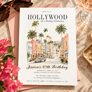 Invitación Encuentrame en Hollywood Cumpleaños Acuarela Vinta