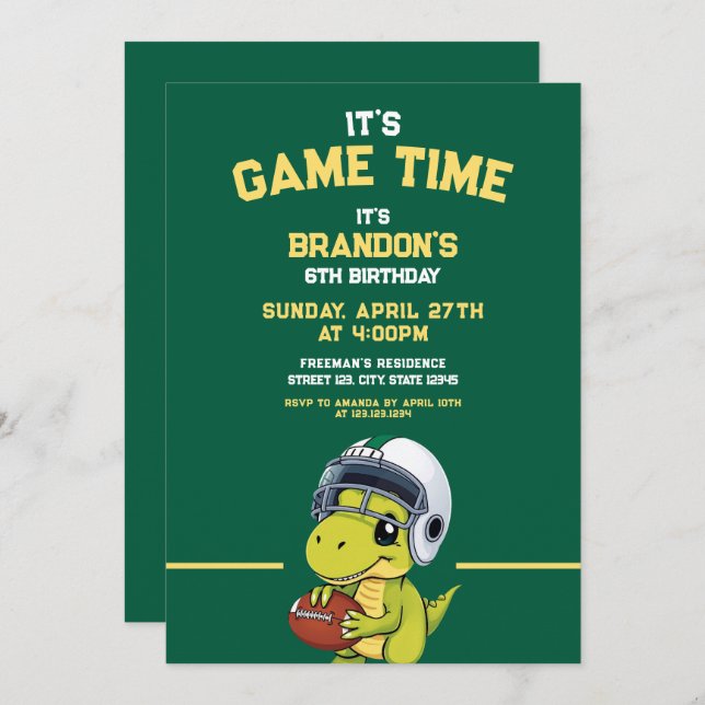 Invitación Énfasis en los dinosaurios del fútbol verde y amar (Anverso / Reverso)