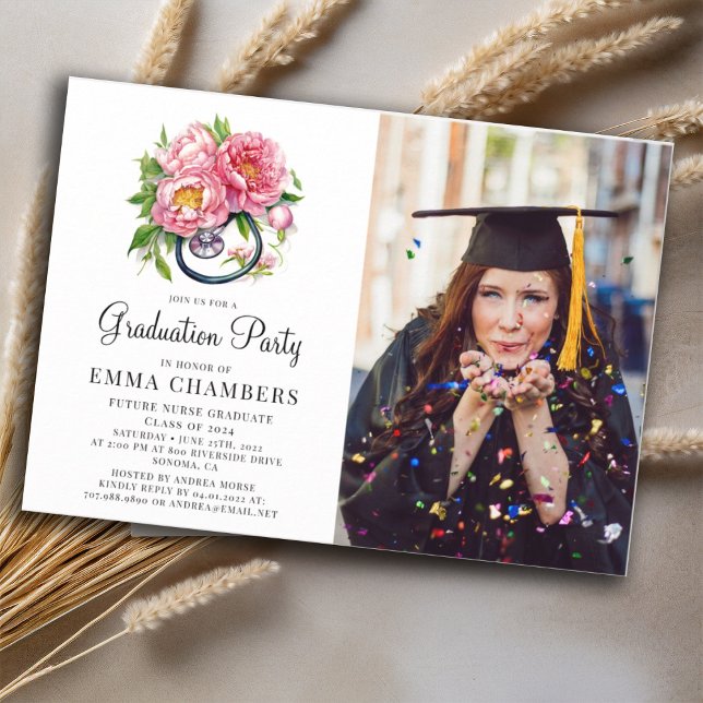 Invitación Enfermera Futura Graduación Floral Estetioscopio (Subido por el creador)