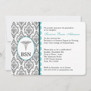 Invitación Enfermera Graduación BSN Damasco negro turquesa RN