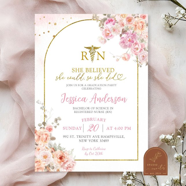 Invitación Enfermera Graduación Floral Rosa Rubor (Subido por el creador)