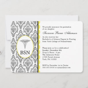Invitación Enfermera Graduada BSN Damasco negro amarillo RN