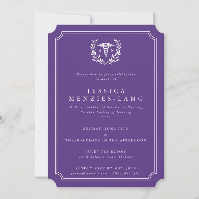 Invitación Enfermera Púrpura Registrada Caduceus+Laurel Wreat (Anverso)