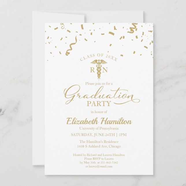 Invitación Enfermería Médica Fiesta Grad Gold Confetti En La  (Anverso)