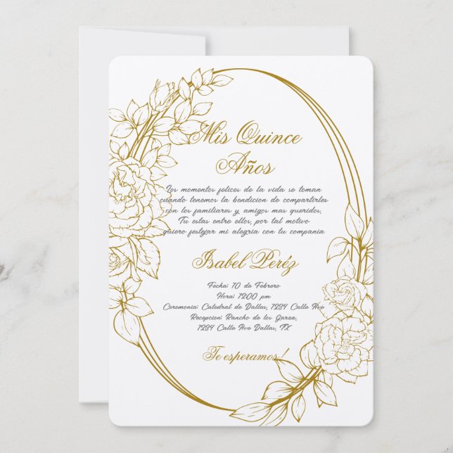 Invitación Enfoque dorado Quinceanera Española (Anverso)