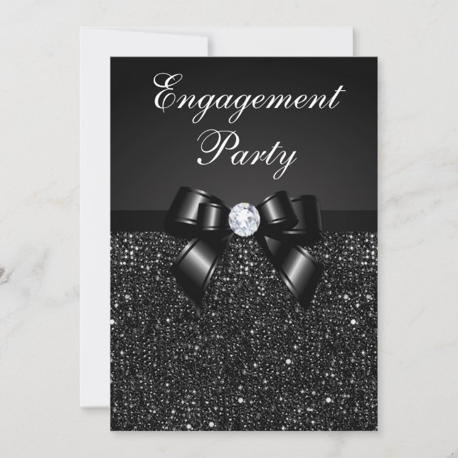 Invitación Engagement Party Faux Black Sequins Black Bow (Anverso)