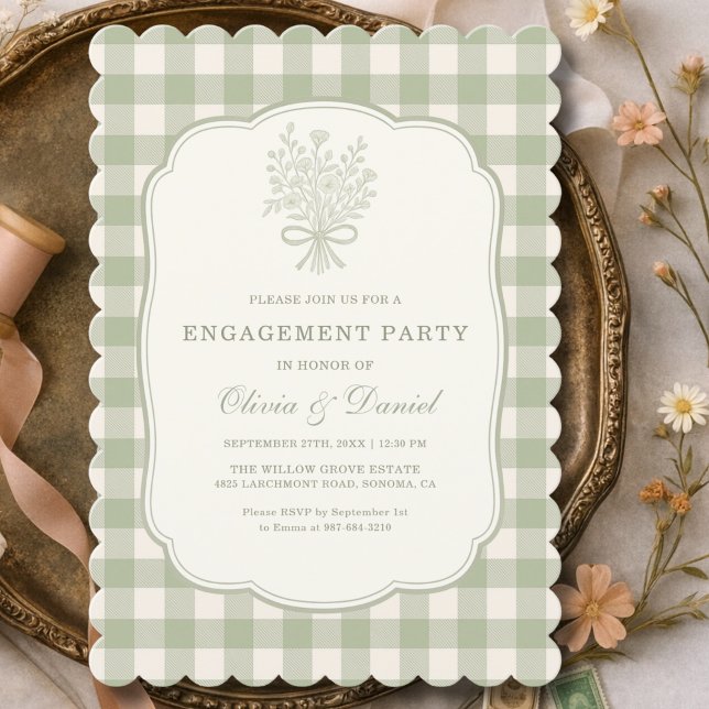 Invitación Engagement Party  Gingham Floral Sage Green (Subido por el creador)