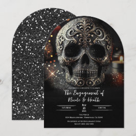 Invitación Enganche Gótico de Cráneo con Brillo Glitter Negro