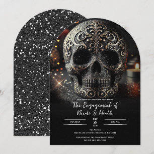 Invitación Enganche Gótico de Cráneo con Brillo Glitter Negro