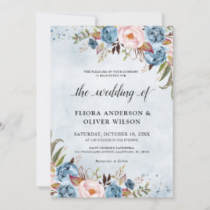 Invitación Engranaje Azul Dusto Rubor Boda Foral Botánico En