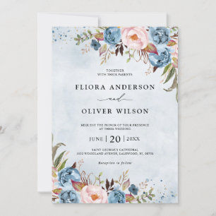 Invitación Engranaje Azul Dusto Rubor Boda Foral Botánico En