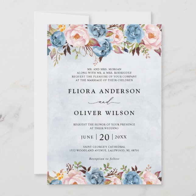 Invitación Engranaje Azul Dusto Rubor Boda Foral Botánico En (Anverso)
