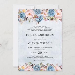 Invitación Engranaje Azul Dusto Rubor Boda Foral Botánico En