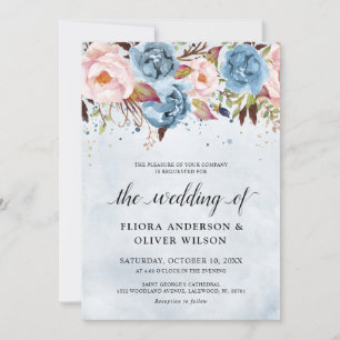 Invitación Engranaje Azul Dusto Rubor Boda Foral Botánico En