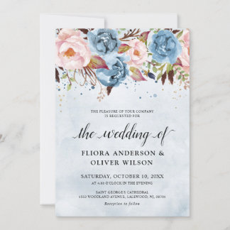 Invitación Engranaje Azul Dusto Rubor Boda Foral Botánico En