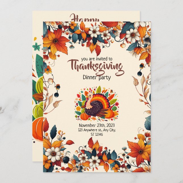 INVITACIÓN ENJOY A FEAST WITH SEASONAL FLOWERS AND TURKEY (Anverso / Reverso)