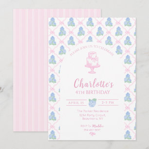 Invitación Enrejado de Hortensia Azul Verde con Lazo Rosa