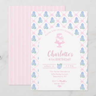 Invitación Enrejado de Hortensia Azul Verde con Lazo Rosa