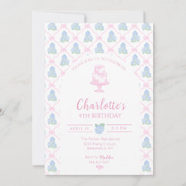 Invitación Enrejado de Hortensia Verde Azul con Lazo Rosa