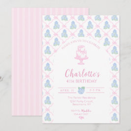 Invitación Enrejado de Hortensia Verde Azul con Lazo Rosa