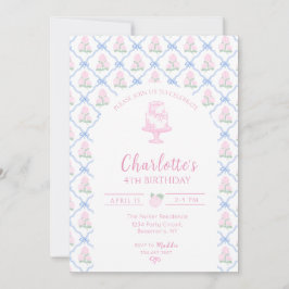 Invitación Enrejado de Hortensia Verde Rosa con Lazo Azul