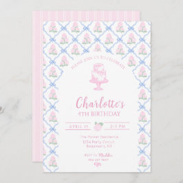 Invitación Enrejado de Hortensia Verde Rosa con Lazo Azul