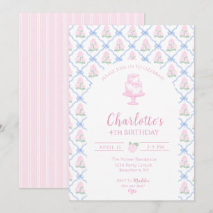 Invitación Enrejado de Hortensia Verde Rosa con Lazo Azul