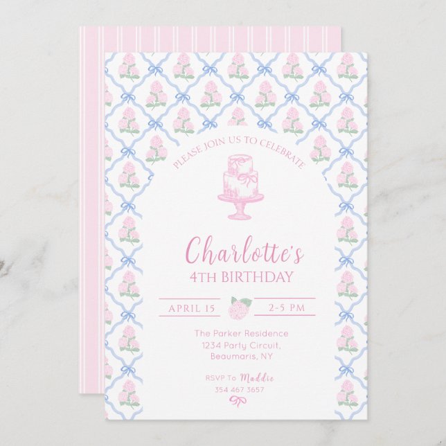 Invitación Enrejado de Hortensia Verde Rosa con Lazo Azul (Anverso / Reverso)