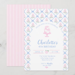 Invitación Enrejado de Hortensia Verde Rosa con Lazo Azul