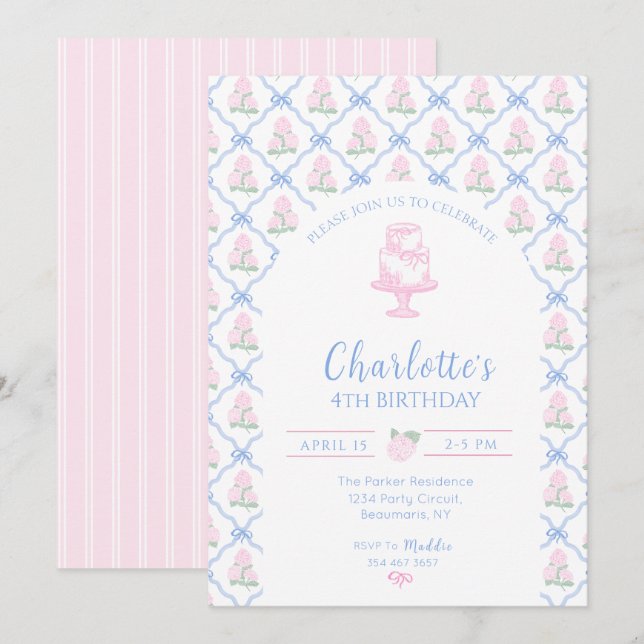 Invitación Enrejado de Hortensia Verde Rosa con Lazo Azul (Anverso / Reverso)