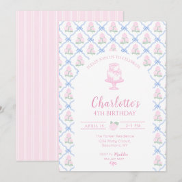 Invitación Enrejado de Hortensias Rosadas Verdes con Lazo Azu